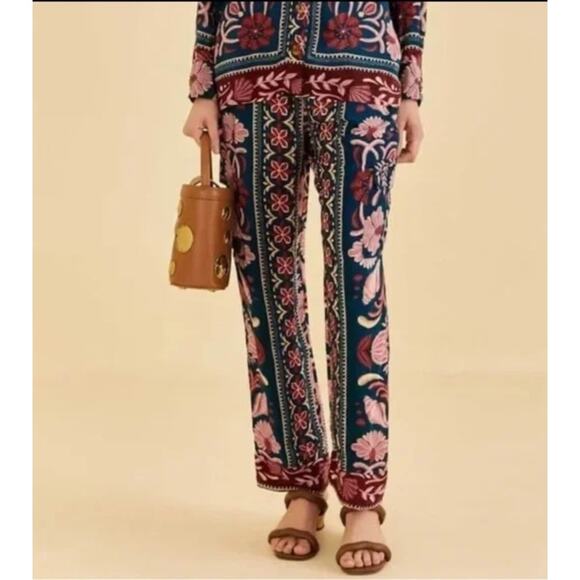Farm Rio Anthropologie Teal Seashell Tapestry Cargo Pants Large - Picture 1 of 5